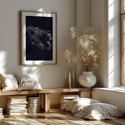 This evocative artwork features the profile of a lion's head, rendered entirely through a dense, in… for living room