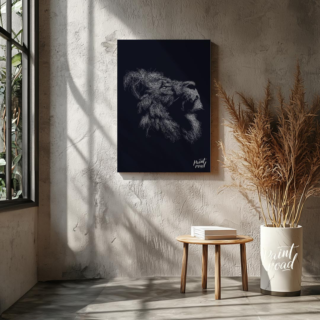 This evocative artwork features the profile of a lion's head, rendered entirely through a dense, in… for other