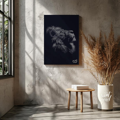 This evocative artwork features the profile of a lion's head, rendered entirely through a dense, in… for other