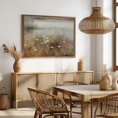 Immerse yourself in the serene beauty of nature with this captivating landscape painting. Soft hues for Dining