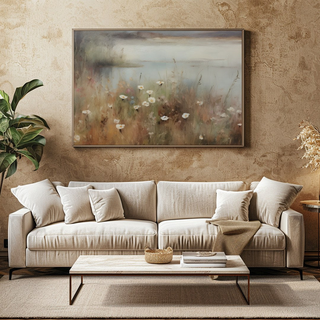 Immerse yourself in the serene beauty of nature with this captivating landscape painting. Soft hues for Family Room