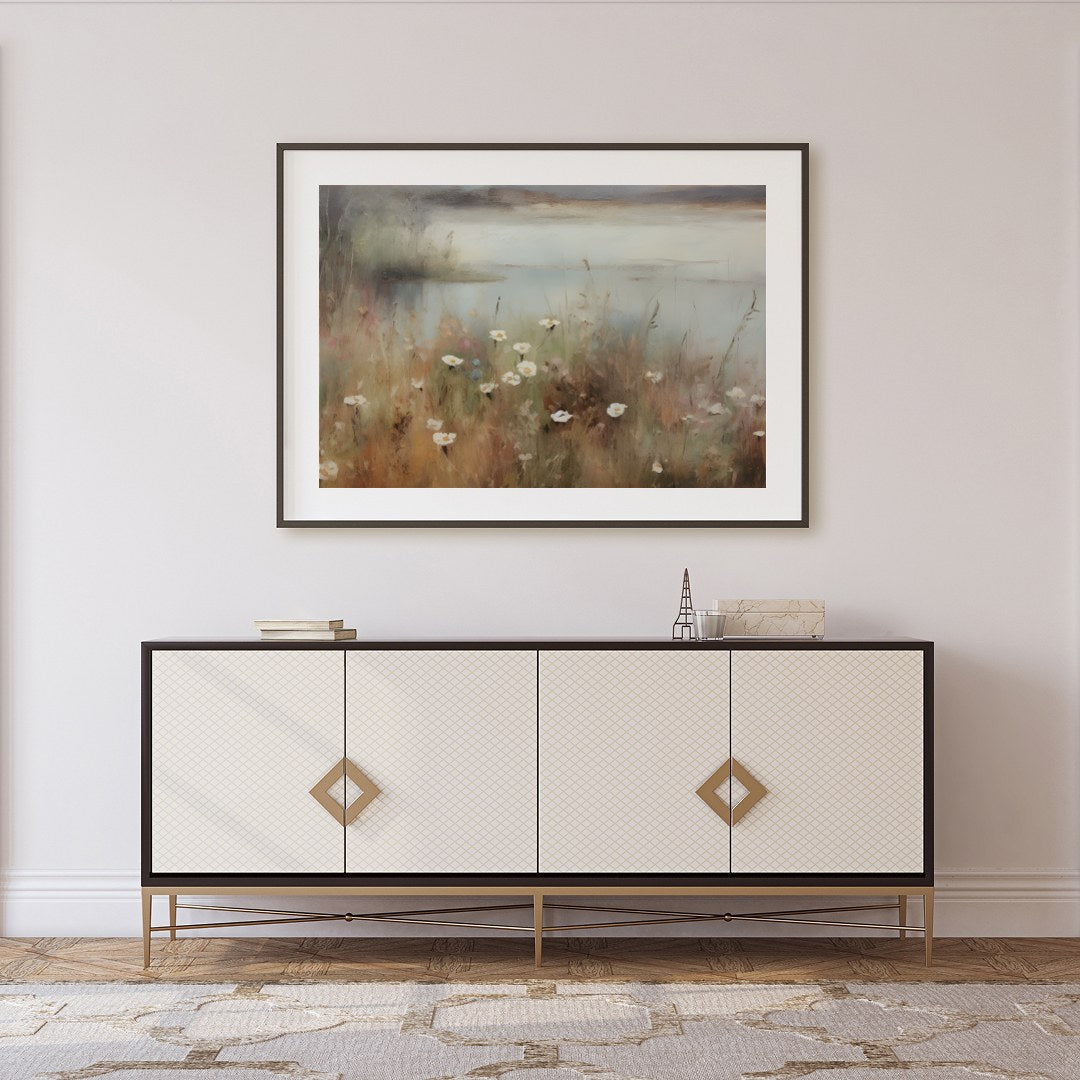 Immerse yourself in the serene beauty of nature with this captivating landscape painting. Soft hues for Foyer