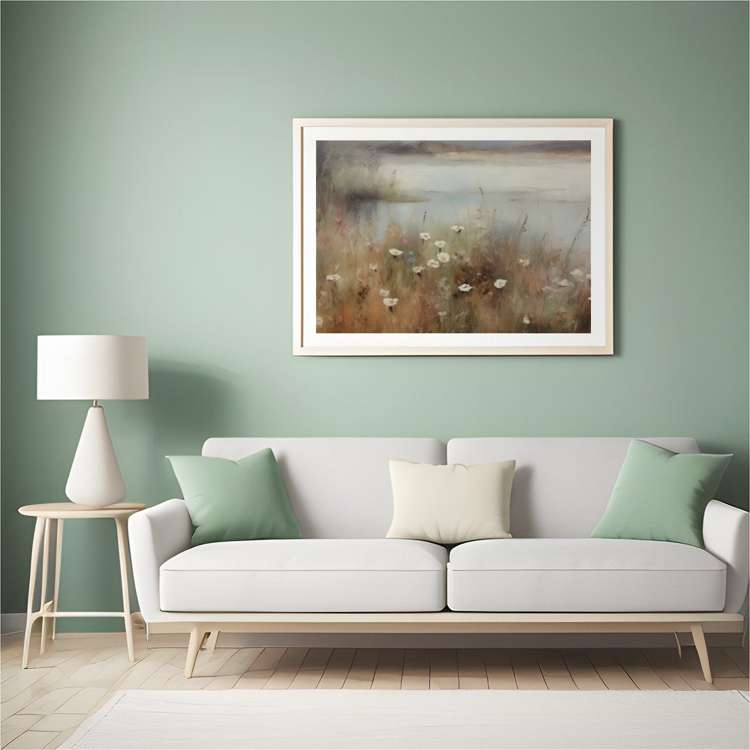 Immerse yourself in the serene beauty of nature with this captivating landscape painting. Soft hues for Hall