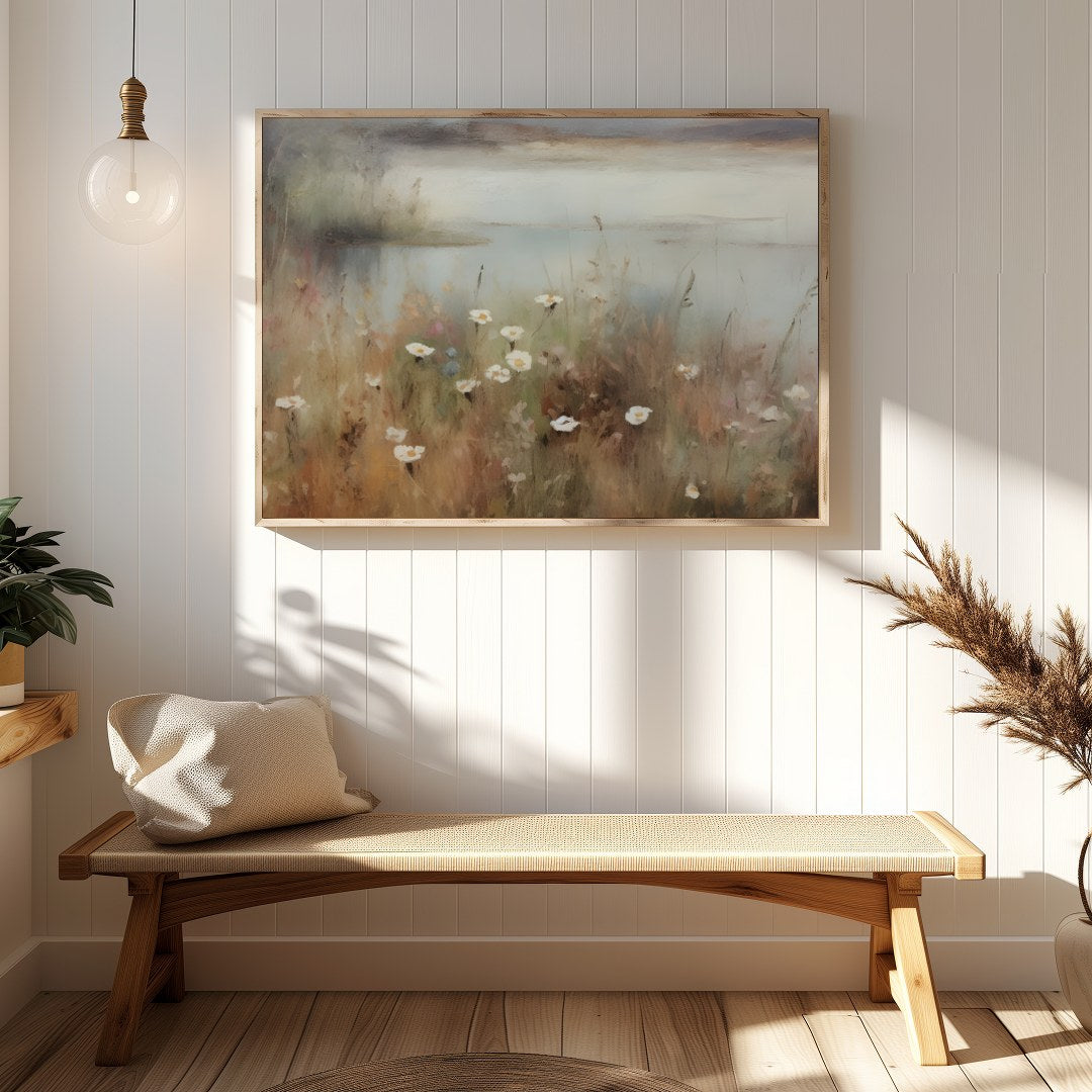 Immerse yourself in the serene beauty of nature with this captivating landscape painting. Soft hues for Hallway