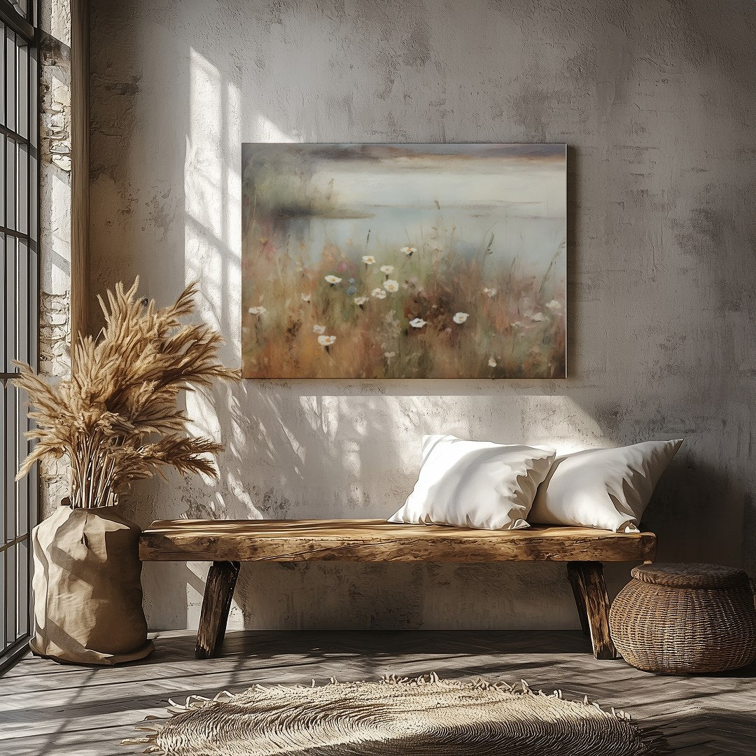 Immerse yourself in the serene beauty of nature with this captivating landscape painting. Soft hues for Veranda