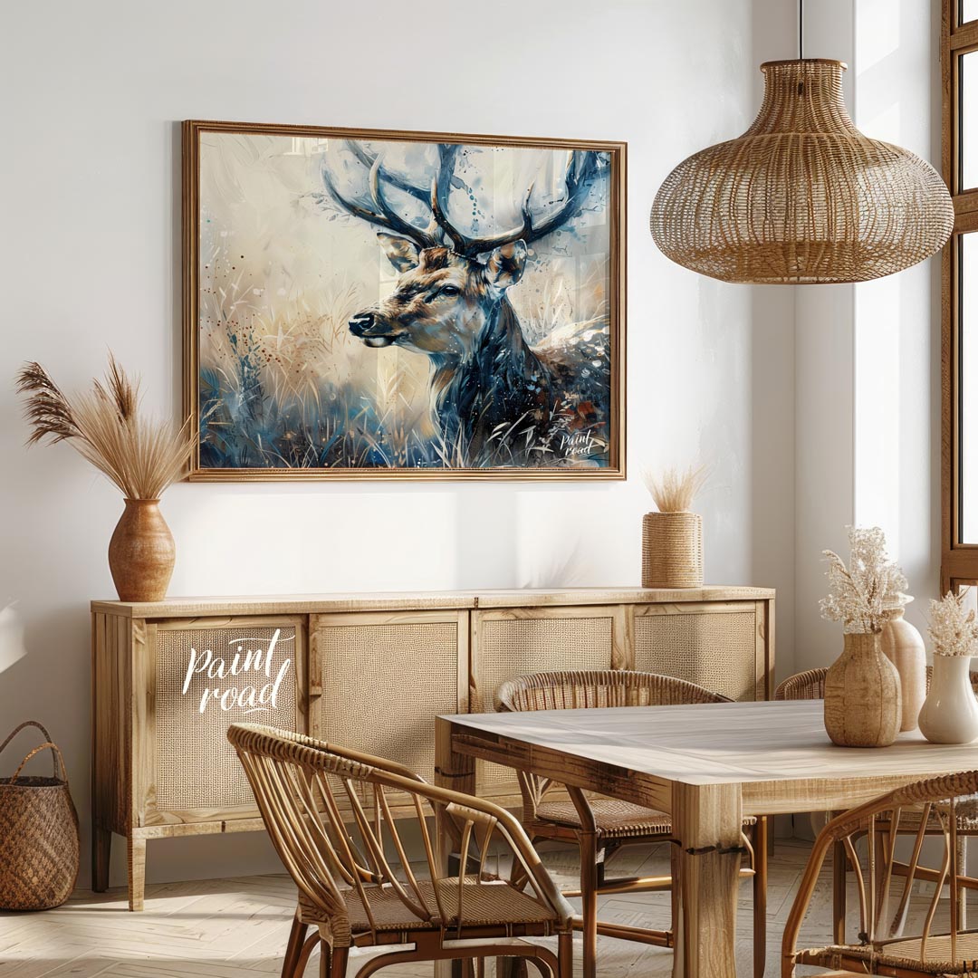 This captivating artwork features a majestic stag, rendered in a beautiful blend of watercolor and … for dining room