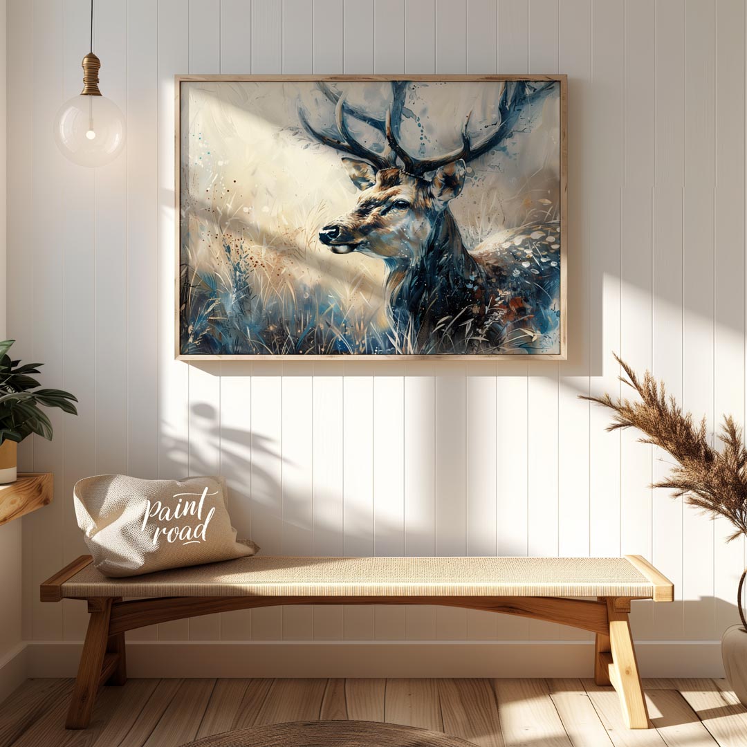 This captivating artwork features a majestic stag, rendered in a beautiful blend of watercolor and … for entryway