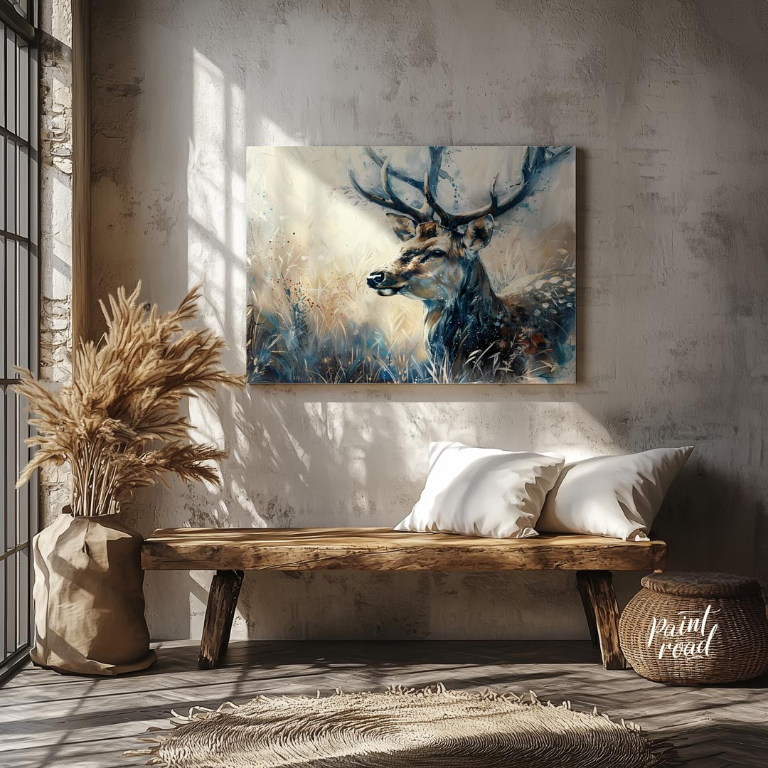 This captivating artwork features a majestic stag, rendered in a beautiful blend of watercolor and … for entryway