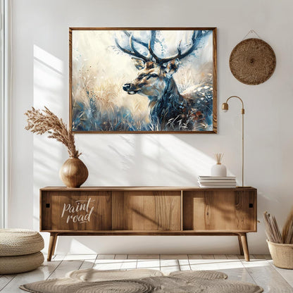 This captivating artwork features a majestic stag, rendered in a beautiful blend of watercolor and … for living room