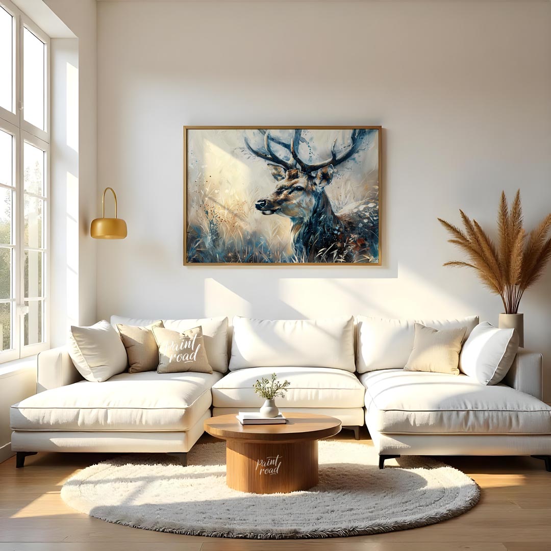 This captivating artwork features a majestic stag, rendered in a beautiful blend of watercolor and … for living room