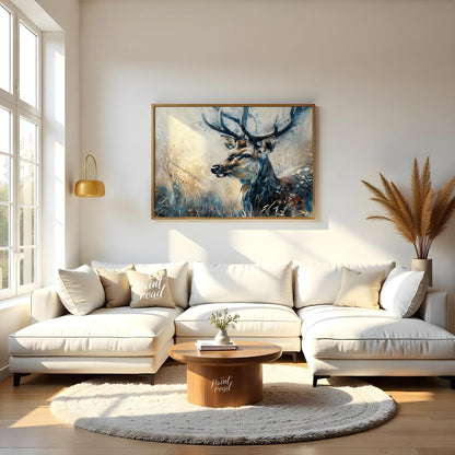 This captivating artwork features a majestic stag, rendered in a beautiful blend of watercolor and … for living room