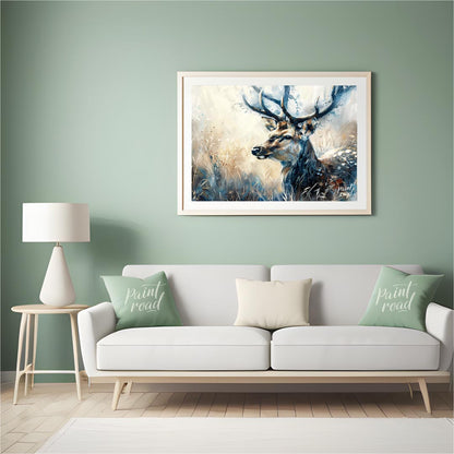 This captivating artwork features a majestic stag, rendered in a beautiful blend of watercolor and … for living room