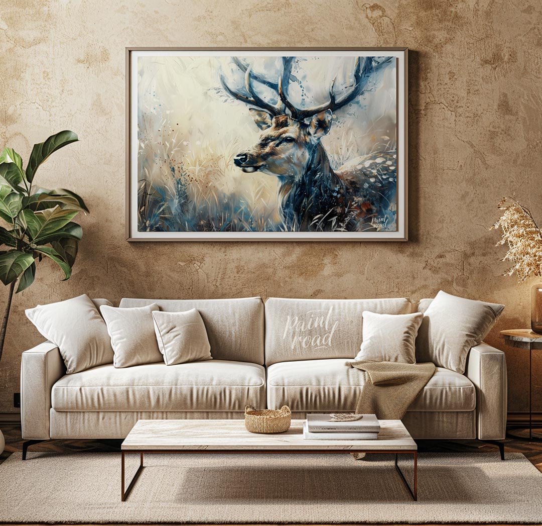 This captivating artwork features a majestic stag, rendered in a beautiful blend of watercolor and … for living room