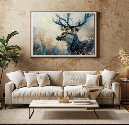 This captivating artwork features a majestic stag, rendered in a beautiful blend of watercolor and … for living room