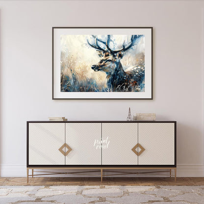 This captivating artwork features a majestic stag, rendered in a beautiful blend of watercolor and … for living room