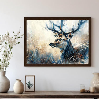 This captivating artwork features a majestic stag, rendered in a beautiful blend of watercolor and … for living room