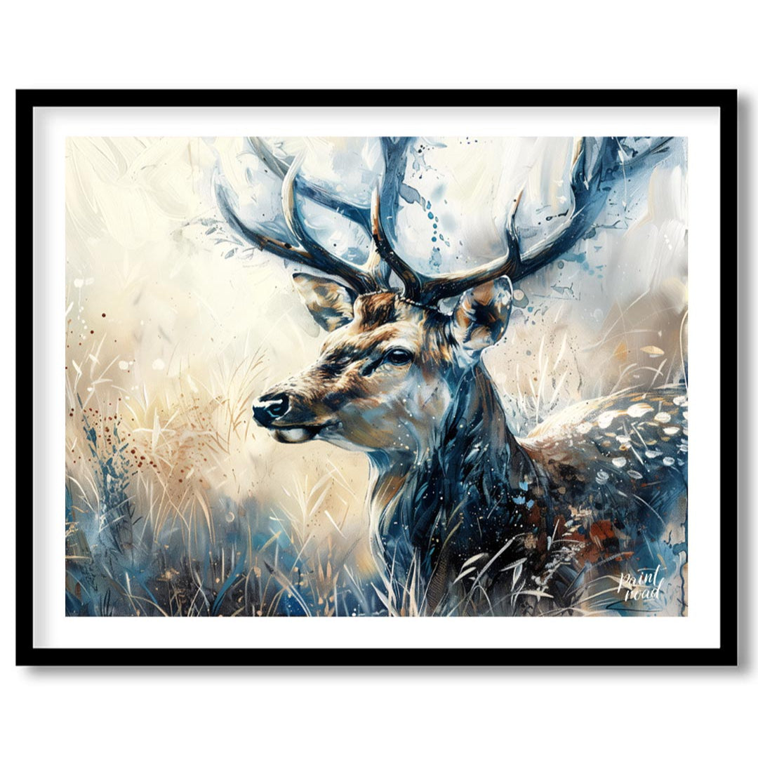 This captivating artwork features a majestic stag, rendered in a beautiful blend of watercolor and … for place