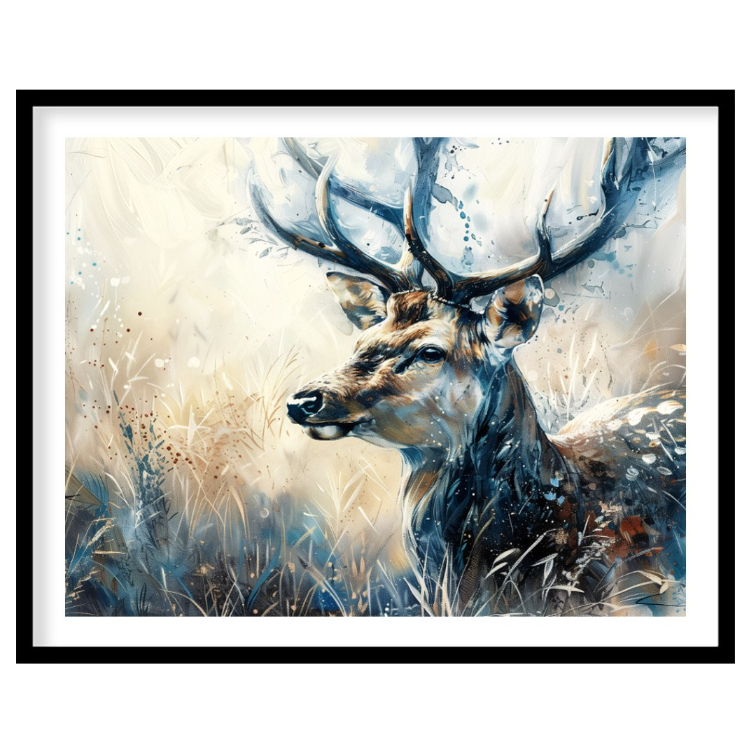 This captivating artwork features a majestic stag, rendered in a beautiful blend of watercolor and … for place