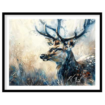 This captivating artwork features a majestic stag, rendered in a beautiful blend of watercolor and … for place