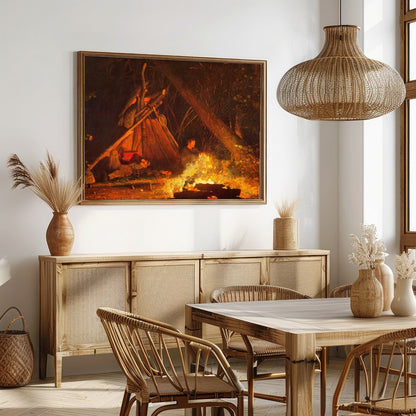 Immerse yourself in the warmth of 'Whispers at the Campfire,' a captivating artwork that captures for Dining