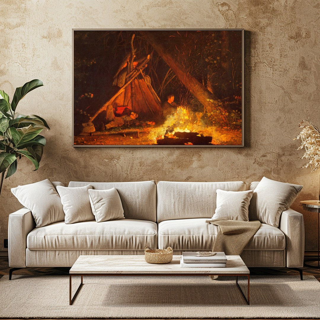 Immerse yourself in the warmth of 'Whispers at the Campfire,' a captivating artwork that captures for Family Room