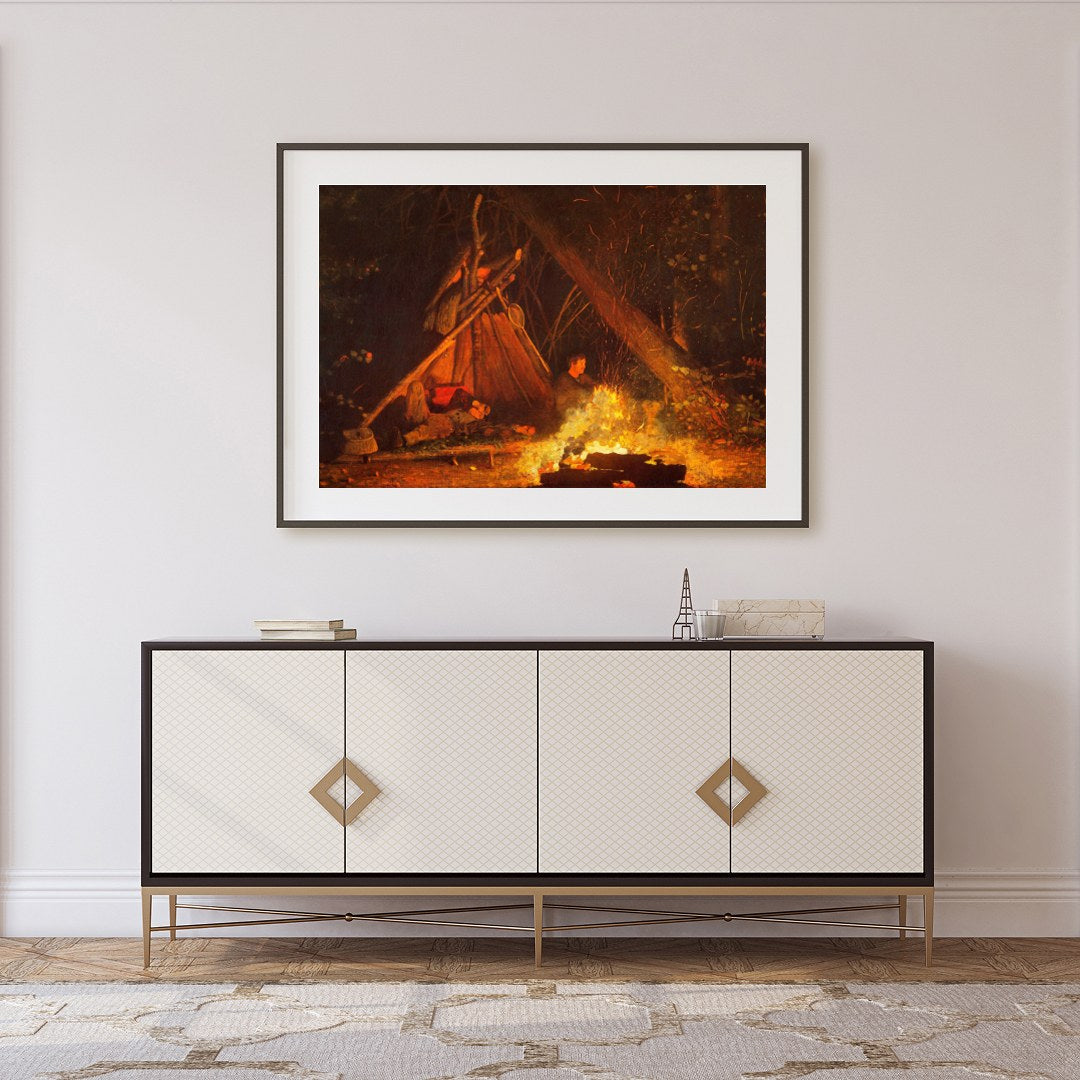Immerse yourself in the warmth of 'Whispers at the Campfire,' a captivating artwork that captures for Foyer