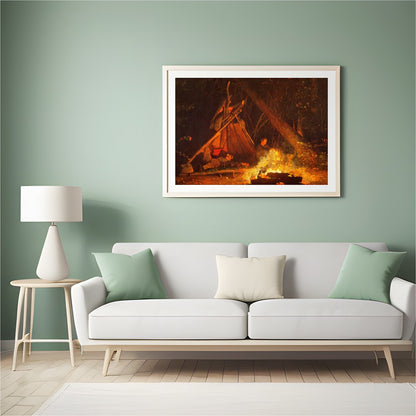 Immerse yourself in the warmth of 'Whispers at the Campfire,' a captivating artwork that captures for Hall