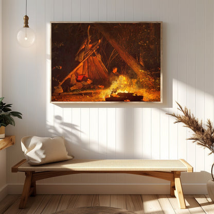 Immerse yourself in the warmth of 'Whispers at the Campfire,' a captivating artwork that captures for Hallway