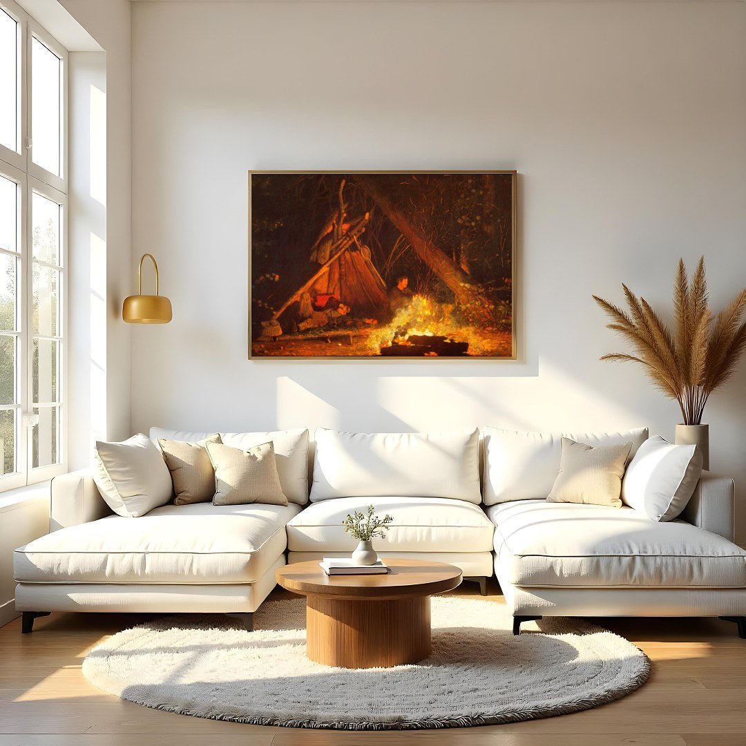 Immerse yourself in the warmth of 'Whispers at the Campfire,' a captivating artwork that captures for Living Room