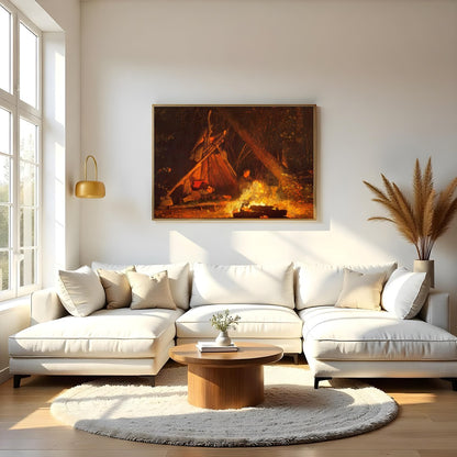 Immerse yourself in the warmth of 'Whispers at the Campfire,' a captivating artwork that captures for Living Room