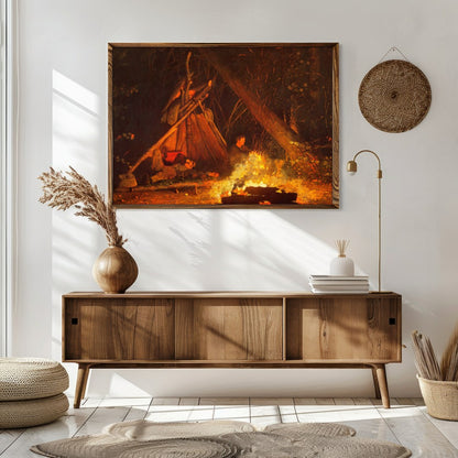 Immerse yourself in the warmth of 'Whispers at the Campfire,' a captivating artwork that captures for Sitting Area