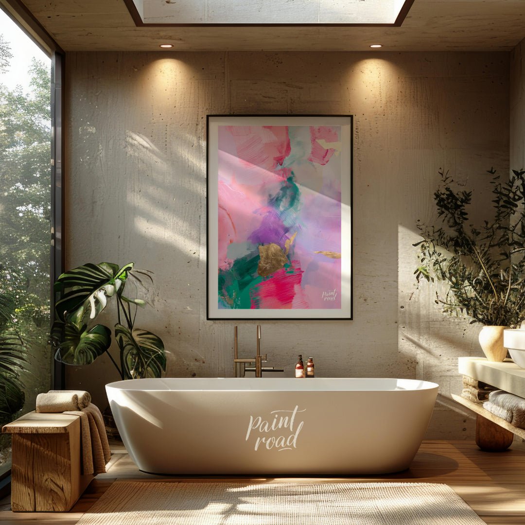 This abstract painting is a symphony of soft, blended colors, punctuated by touches of shimmering g… for bathroom