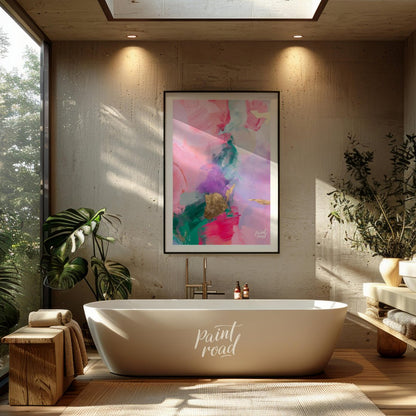 This abstract painting is a symphony of soft, blended colors, punctuated by touches of shimmering g… for bathroom