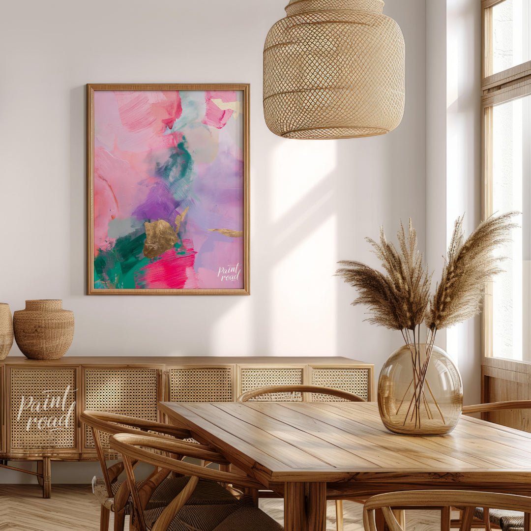 This abstract painting is a symphony of soft, blended colors, punctuated by touches of shimmering g… for dining room