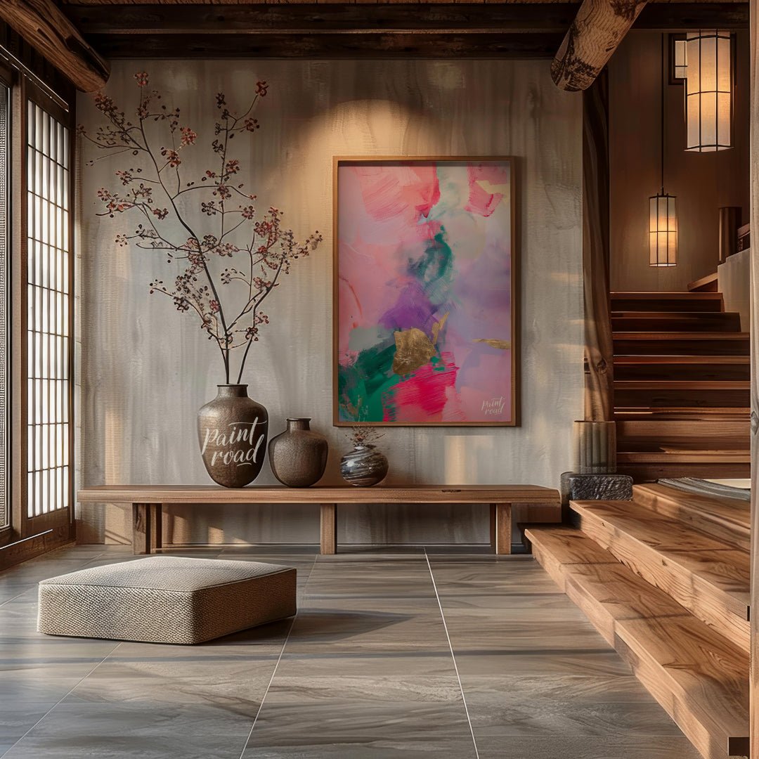 This abstract painting is a symphony of soft, blended colors, punctuated by touches of shimmering g… for entryway