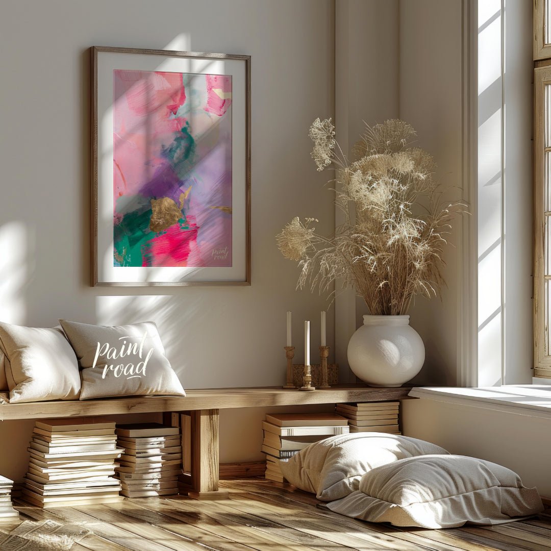 This abstract painting is a symphony of soft, blended colors, punctuated by touches of shimmering g… for living room