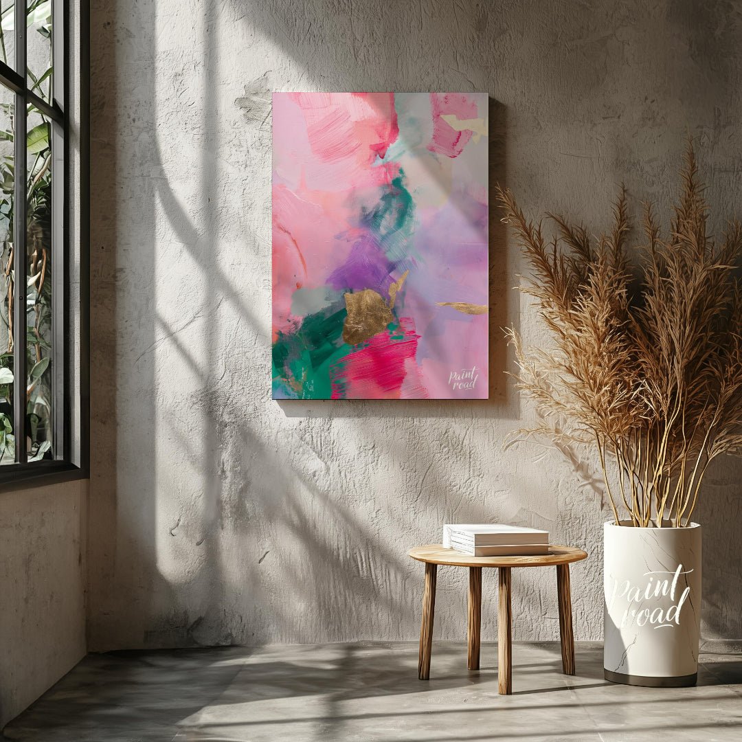 This abstract painting is a symphony of soft, blended colors, punctuated by touches of shimmering g… for living room