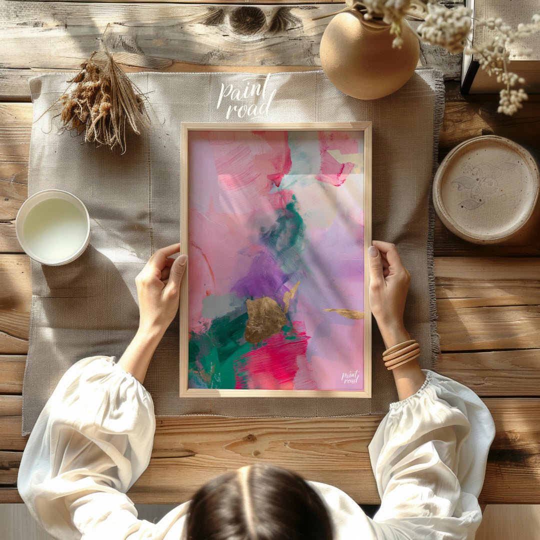 This abstract painting is a symphony of soft, blended colors, punctuated by touches of shimmering g… for other