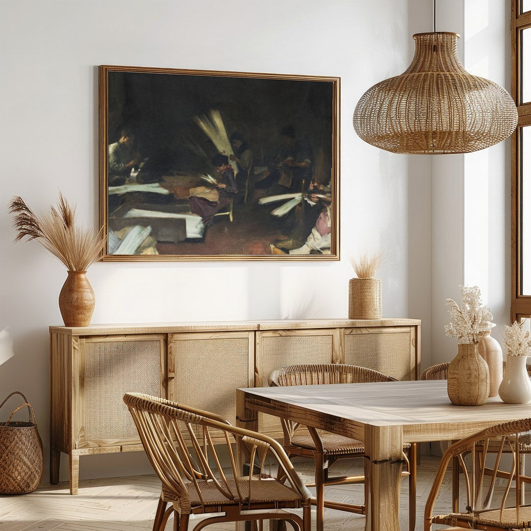 Immerse yourself in the quiet intensity of this evocative scene, capturing artisans at work in for Dining