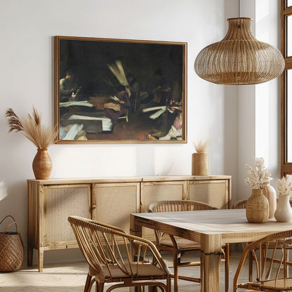 Immerse yourself in the quiet intensity of this evocative scene, capturing artisans at work in for Dining