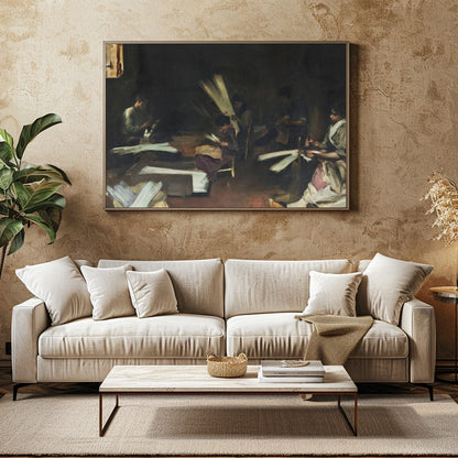 Immerse yourself in the quiet intensity of this evocative scene, capturing artisans at work in for Family Room