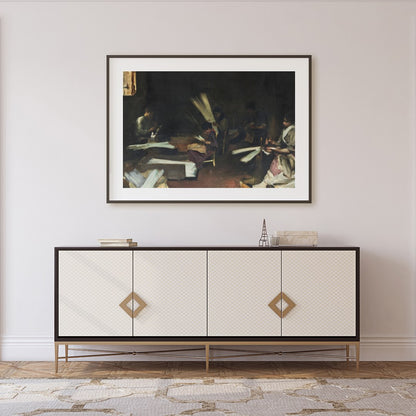 Immerse yourself in the quiet intensity of this evocative scene, capturing artisans at work in for Foyer
