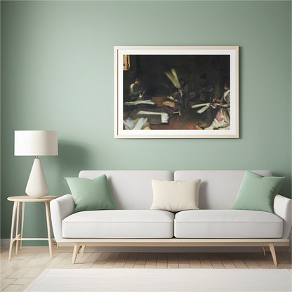 Immerse yourself in the quiet intensity of this evocative scene, capturing artisans at work in for Hall