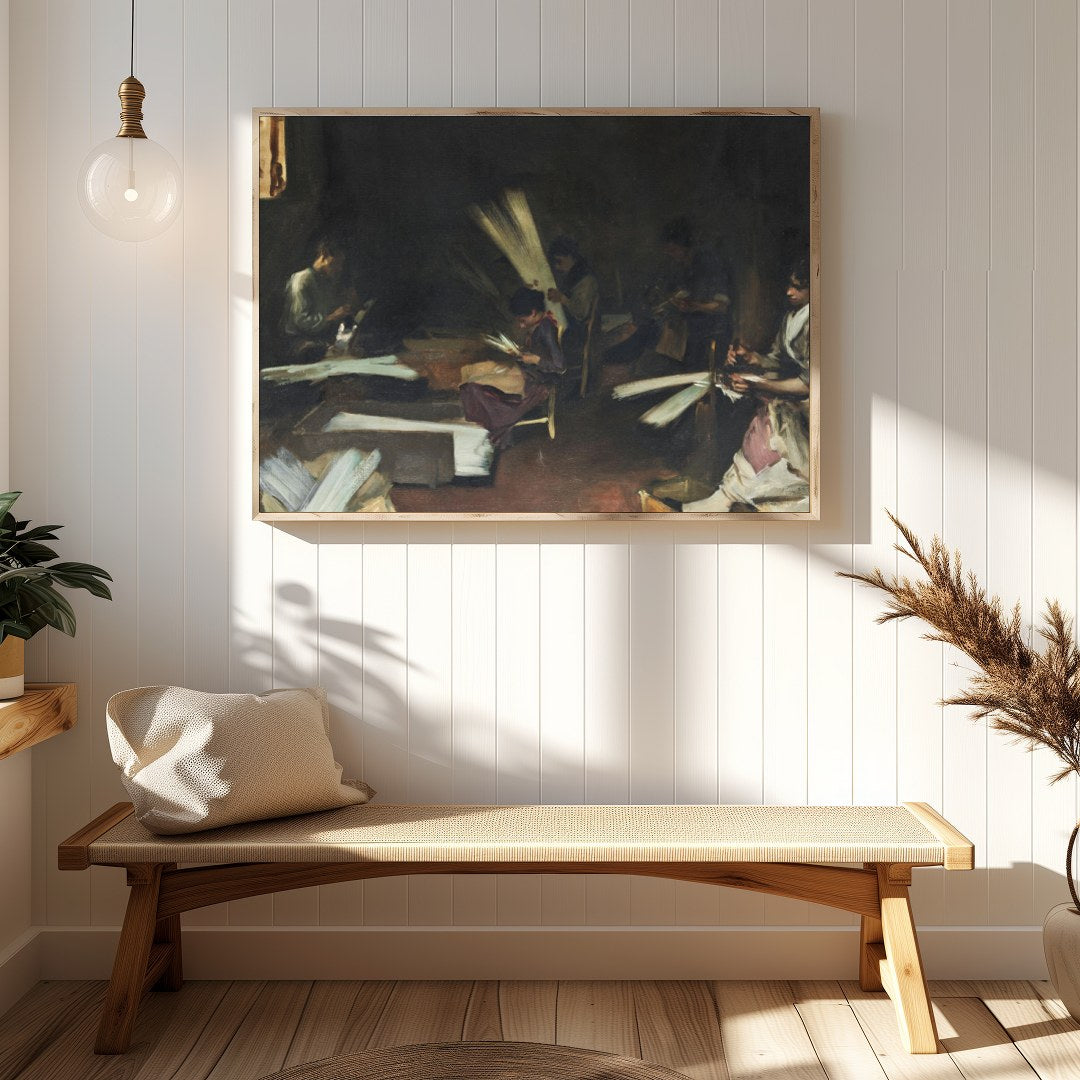 Immerse yourself in the quiet intensity of this evocative scene, capturing artisans at work in for Hallway