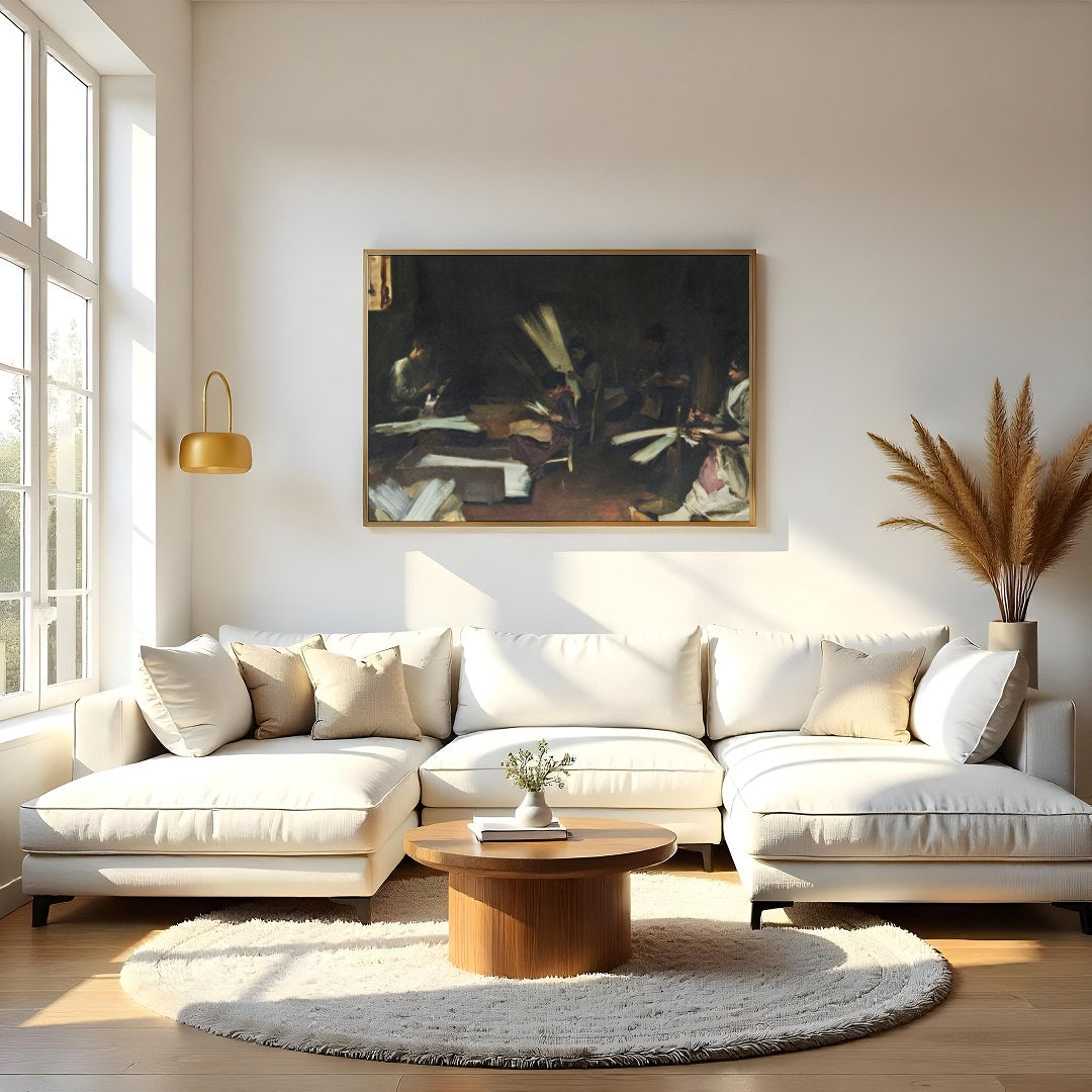 Immerse yourself in the quiet intensity of this evocative scene, capturing artisans at work in for Living Room