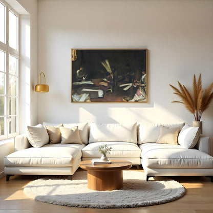 Immerse yourself in the quiet intensity of this evocative scene, capturing artisans at work in for Living Room