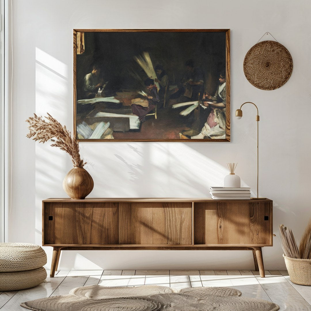 Immerse yourself in the quiet intensity of this evocative scene, capturing artisans at work in for Sitting Area