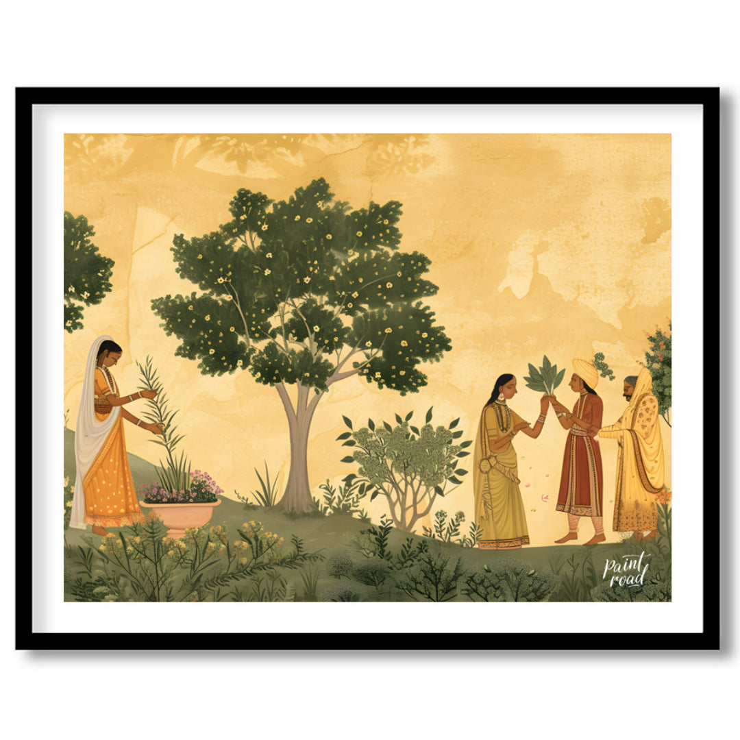 This delicate and serene artwork depicts a moment of ritual and connection in a lush, flowering gar… for area