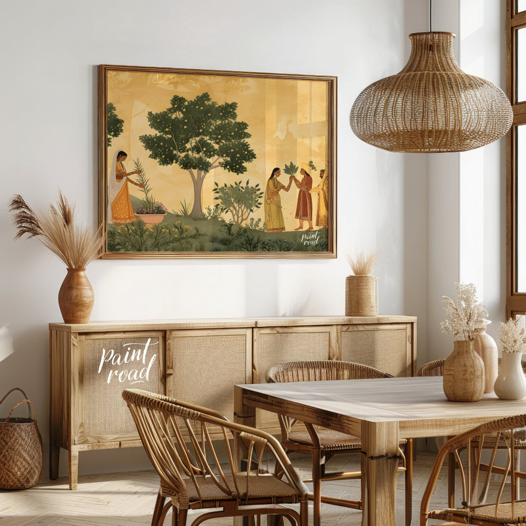 This delicate and serene artwork depicts a moment of ritual and connection in a lush, flowering gar… for dining room