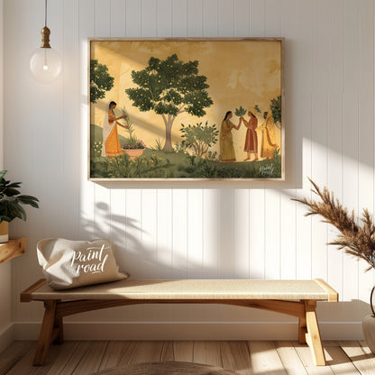 This delicate and serene artwork depicts a moment of ritual and connection in a lush, flowering gar… for entryway